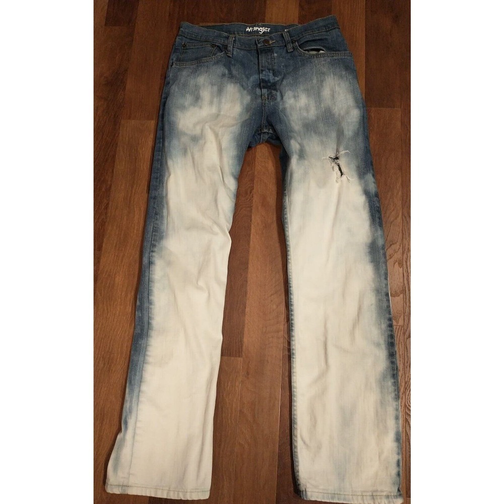 Wrangler Mens 32 x 32 Acid wash destroyed distressed White Blue Jeans Straight